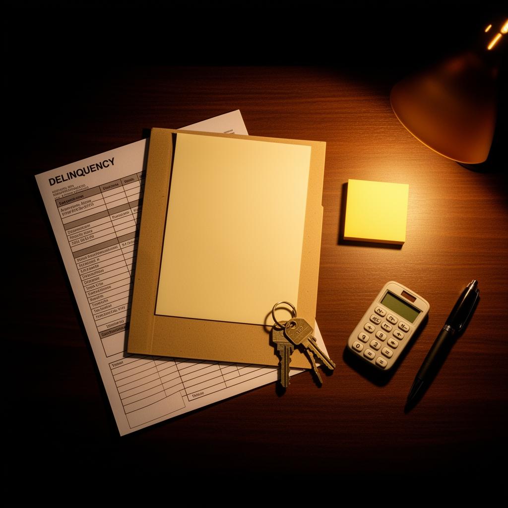 A property manager's desk: printed delinquency ledger, manila folder, apartment keys, calculator, and pen under a warm desk lamp