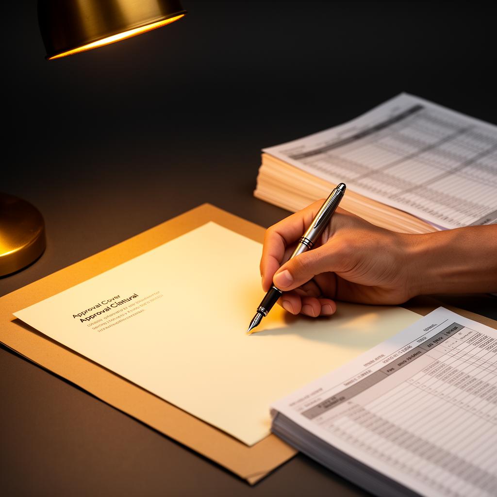 A hand signing an approval cover sheet on a manila folder beside a stack of ledger printouts